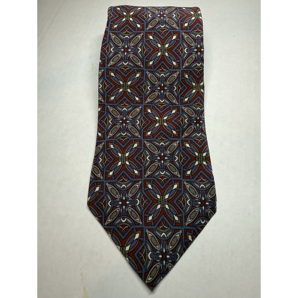 Vintage Christian Dior Monsieur 100%‎ Silk Neck Tie Burgundy Gold Geometric EUC